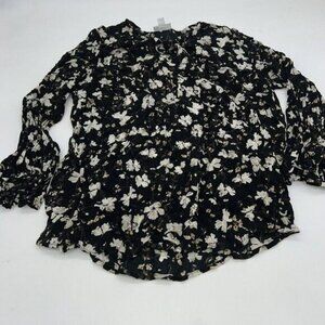 J.Jill Pleated Sleeve Black Floral Blouse Size Medium Rayon